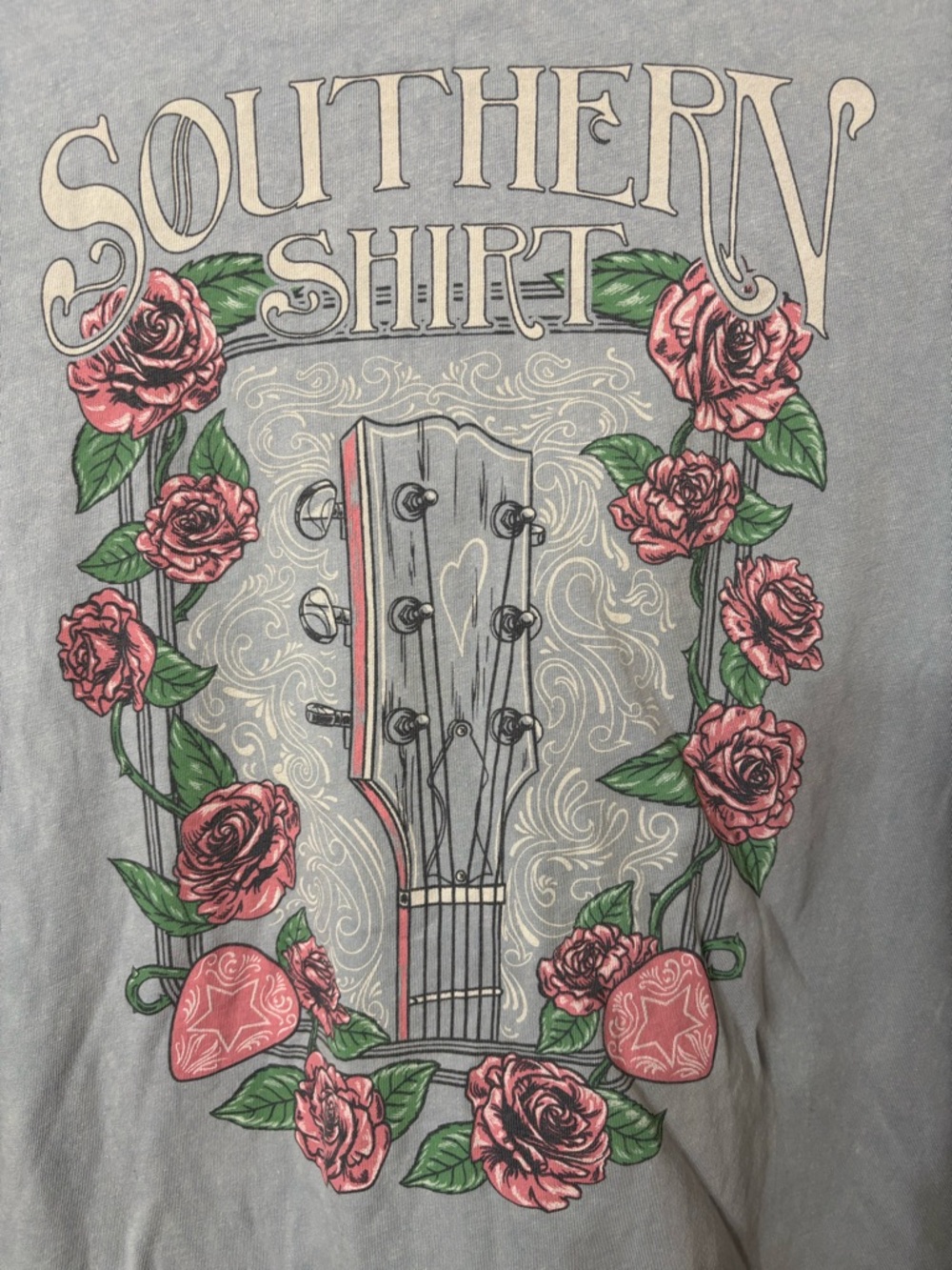 Simply Southern Light Gray Long Sleeve Tee with Pink Rose & Guitar Graphic